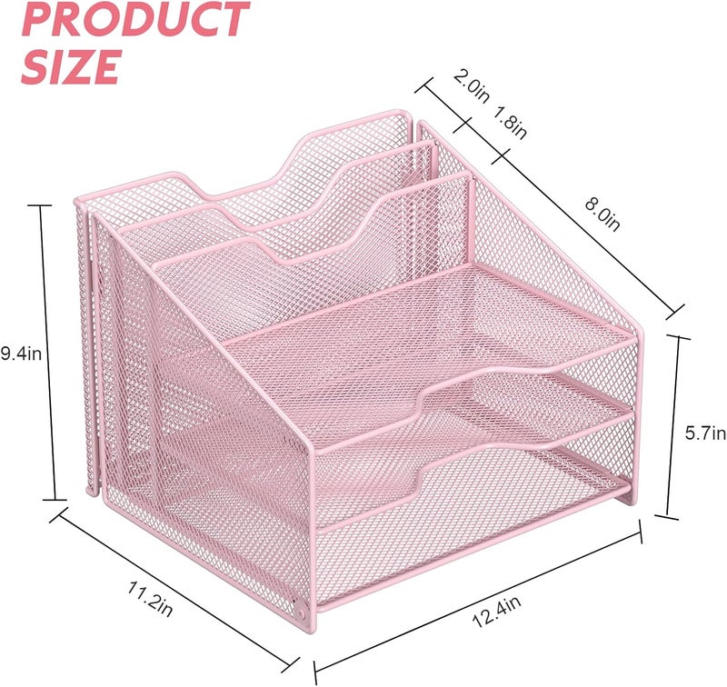 Samstar Pink Desk File Organizer, Mesh Letter File Folder Holder with 3 Paper Trays and 2 Vertical Upright Section, for Office Supplies, Desk Accessories & Workspace, Pink - Image 2